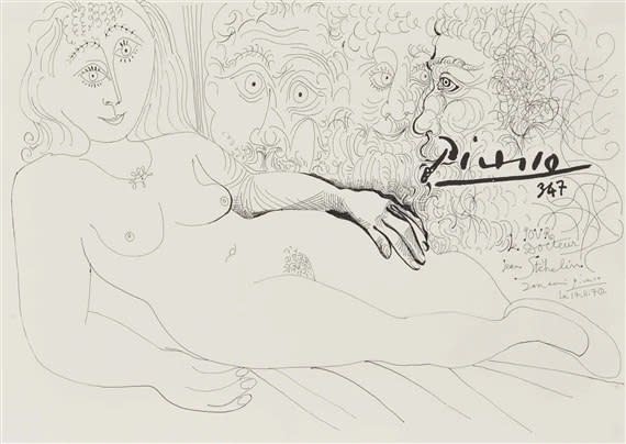 Pablo Picasso, Femme nue allongée et trois têtes d'homme, 1970