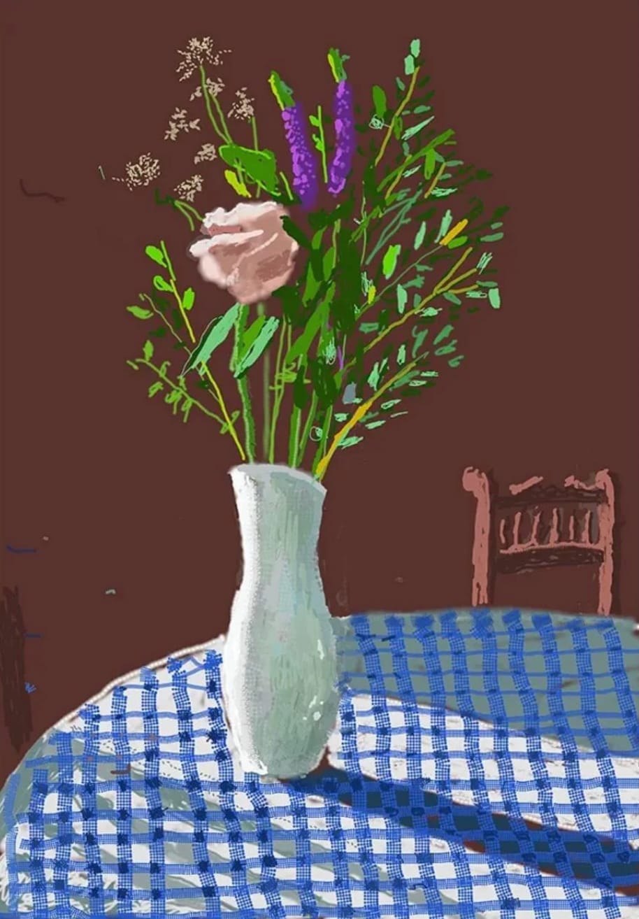 David Hockney, 4th February 2021, Flowers in a White Vase with Chair, 2021