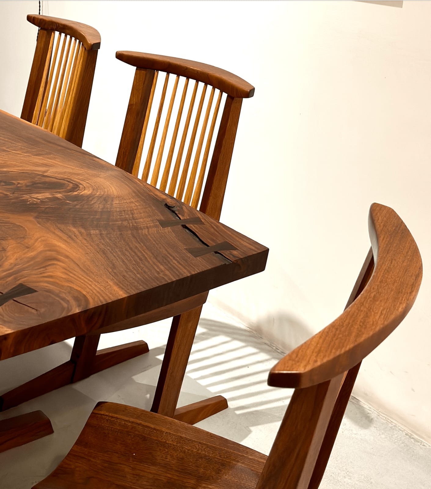 George Nakashima, Fine Single-Board "Conoid" Dining Table and Set of Six Single-Board "Conoid" Dining Chairs, New Hope, Pennsylvania, 1988, 1988