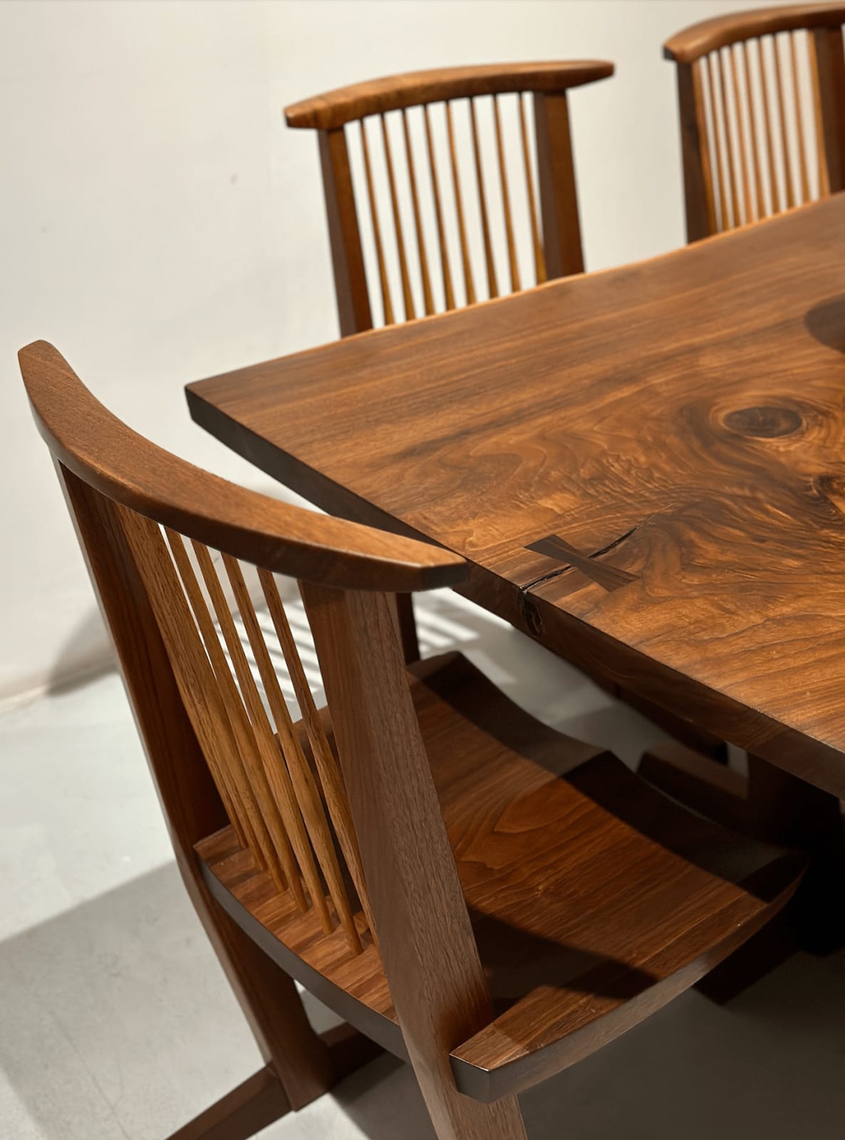 George Nakashima, Fine Single-Board "Conoid" Dining Table and Set of Six Single-Board "Conoid" Dining Chairs, New Hope, Pennsylvania, 1988, 1988