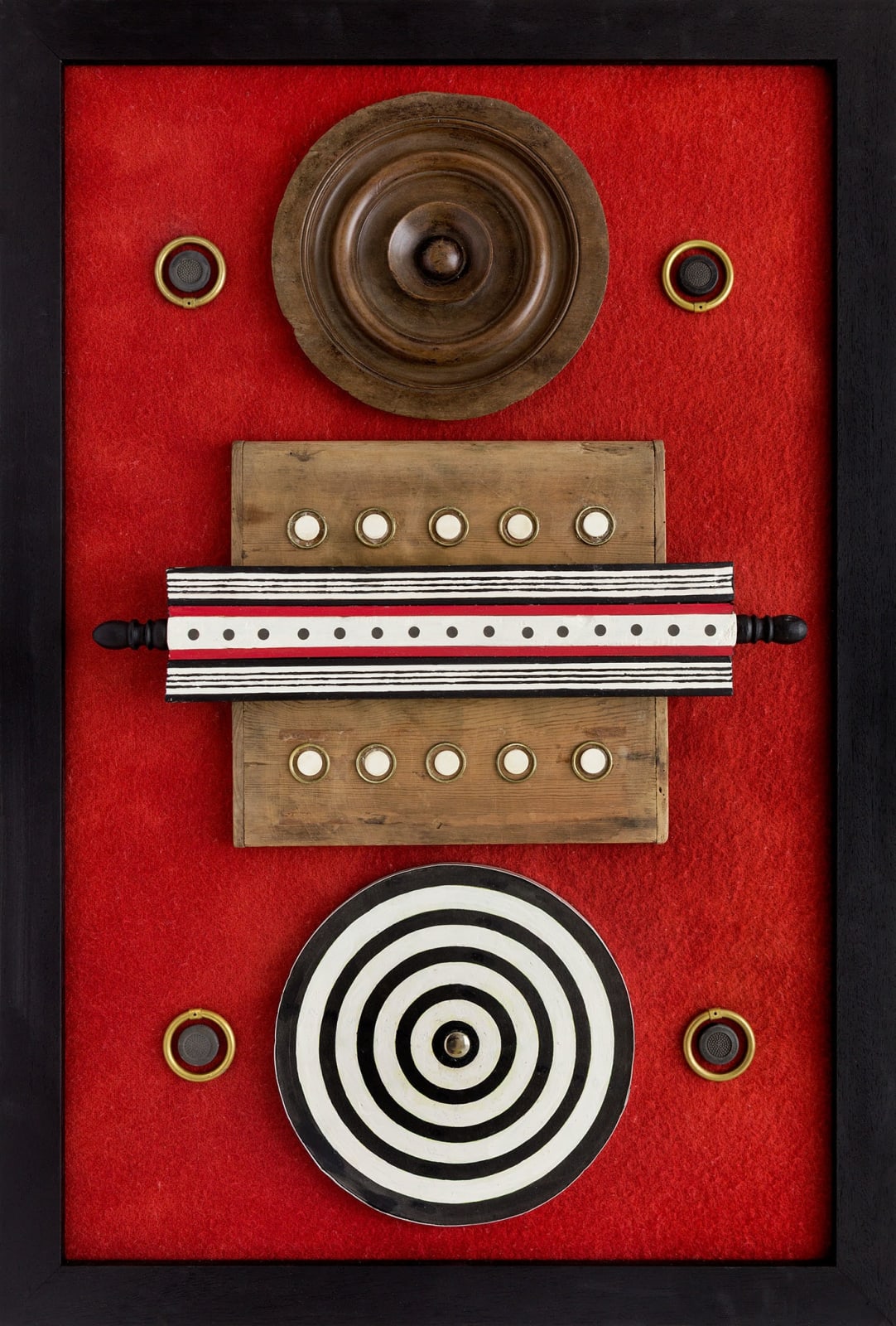 Brian Rice, Found Objects On Red Blanket, 2025