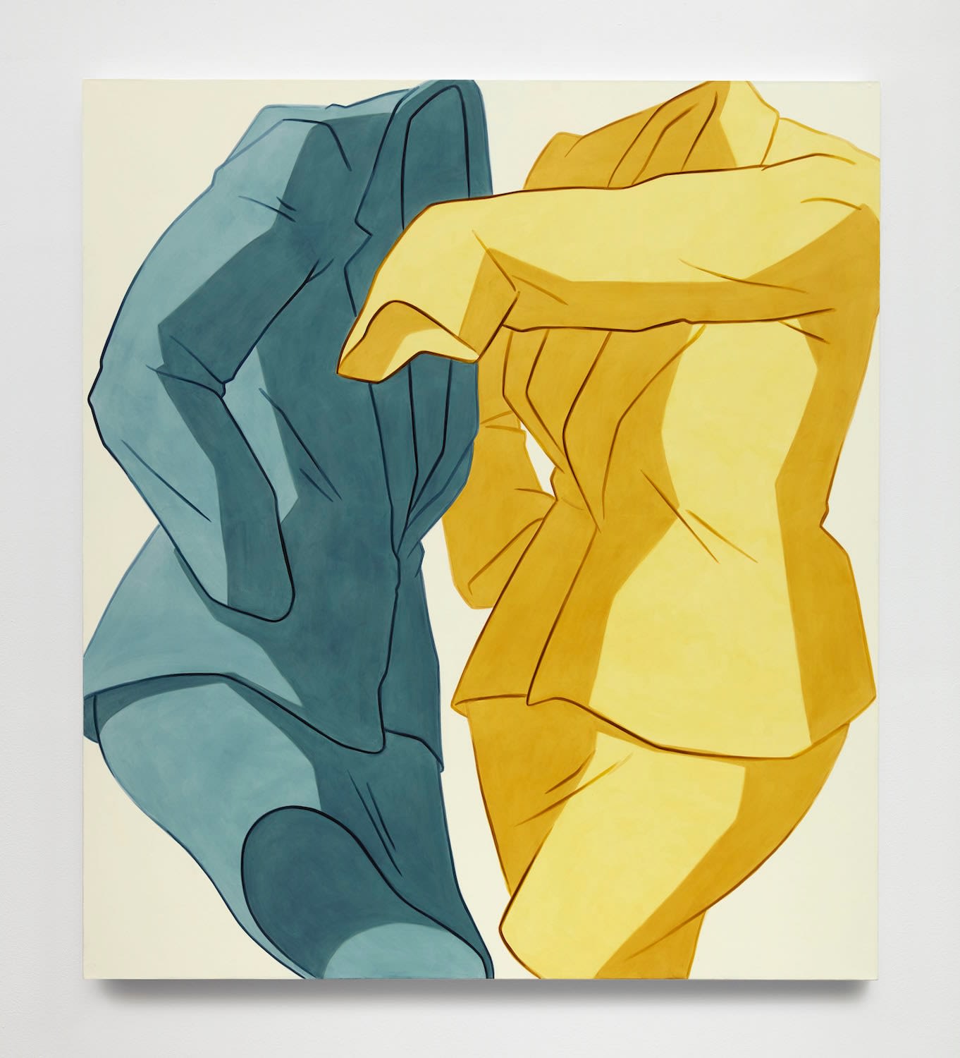 Ivy Haldeman, Two Suits, Sleeve to Hip, Lapel Facing Lapel, Sleeve Out Cuff Bent (Blue, Yellow), 2020