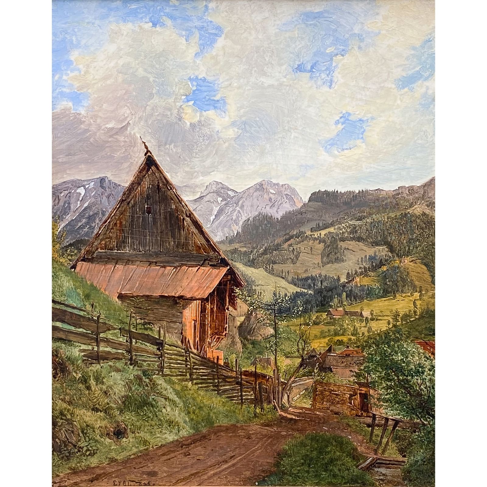 Franz Eybl, Blick von Pichl-Kainisch (bei Bad Mitterndorf) über die Ausläufer des Türkenkogels in Richtung des Zinken und des Sarstein bei Bad Aussee, 1835