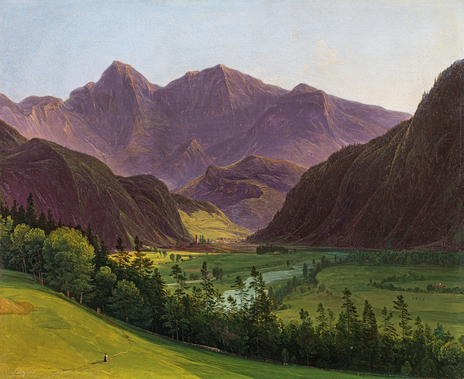 Franz Steinfeld, Blick von Ischl auf das Trauntal, Lauffen und den Hohen Kalmberg, 1830er Jahre