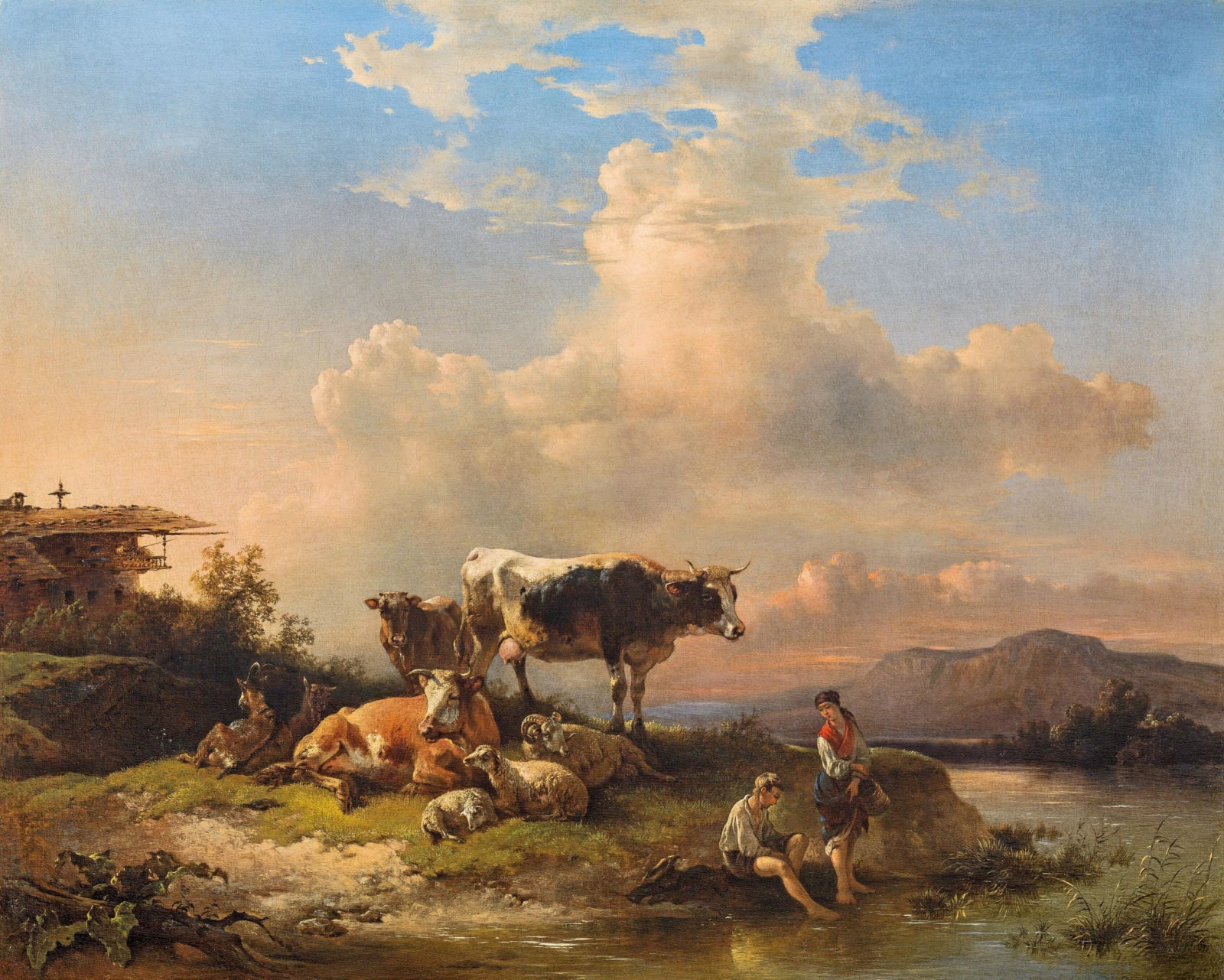 Friedrich Gauermann, Hirten und Herde am Seeufer, 1857