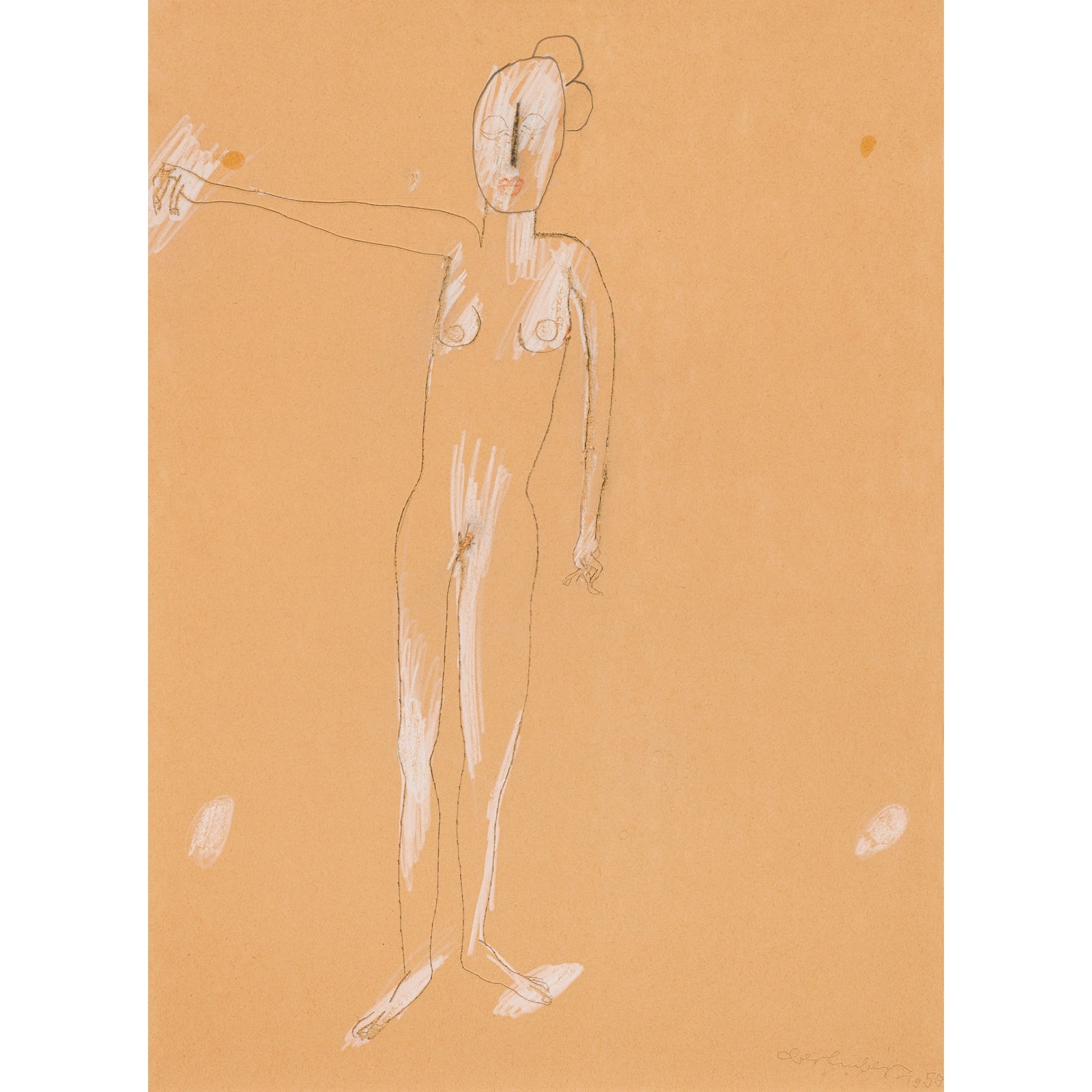 Oswald Oberhuber, Stehender weiblicher Akt mit ausgestrecktem Arm, 1959