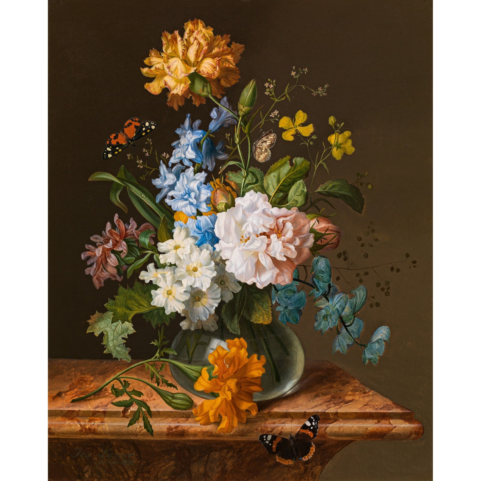 Josef Lauer, Blumenstillleben mit Schmetterlingen, 1840