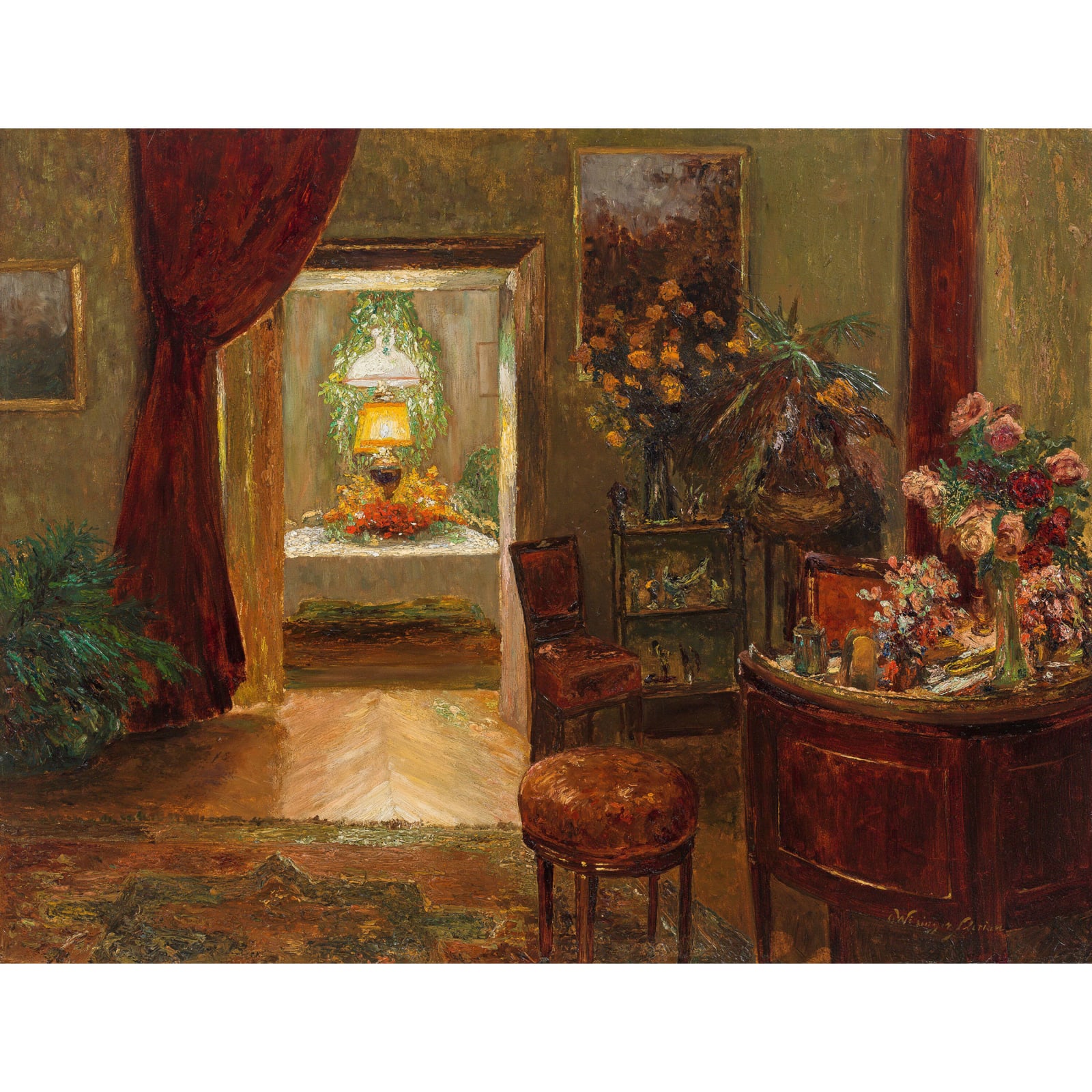 Olga Wisinger-Florian, Interieur mit Namenstagstisch (Gartensalon in Grafenegg), 1909