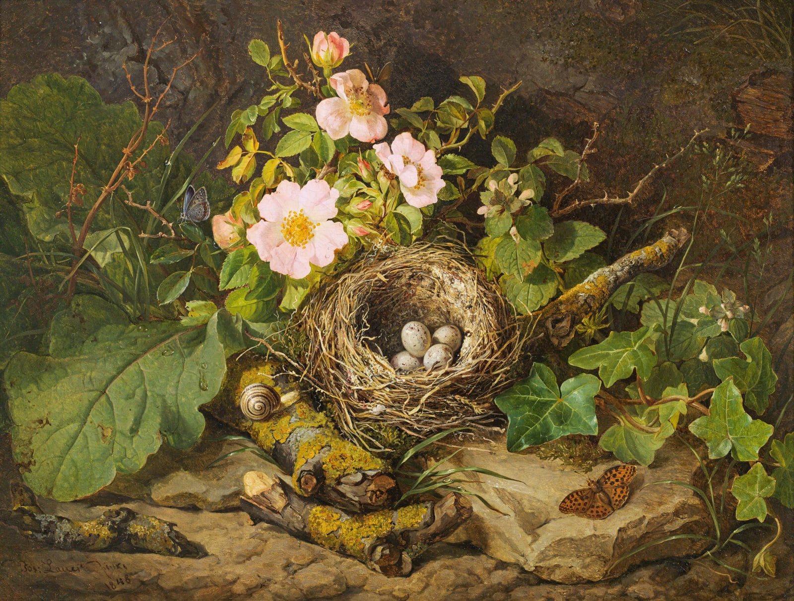 Josef Lauer, Sous-bois-Stillleben mit wilden Rosen und Nest, 1848