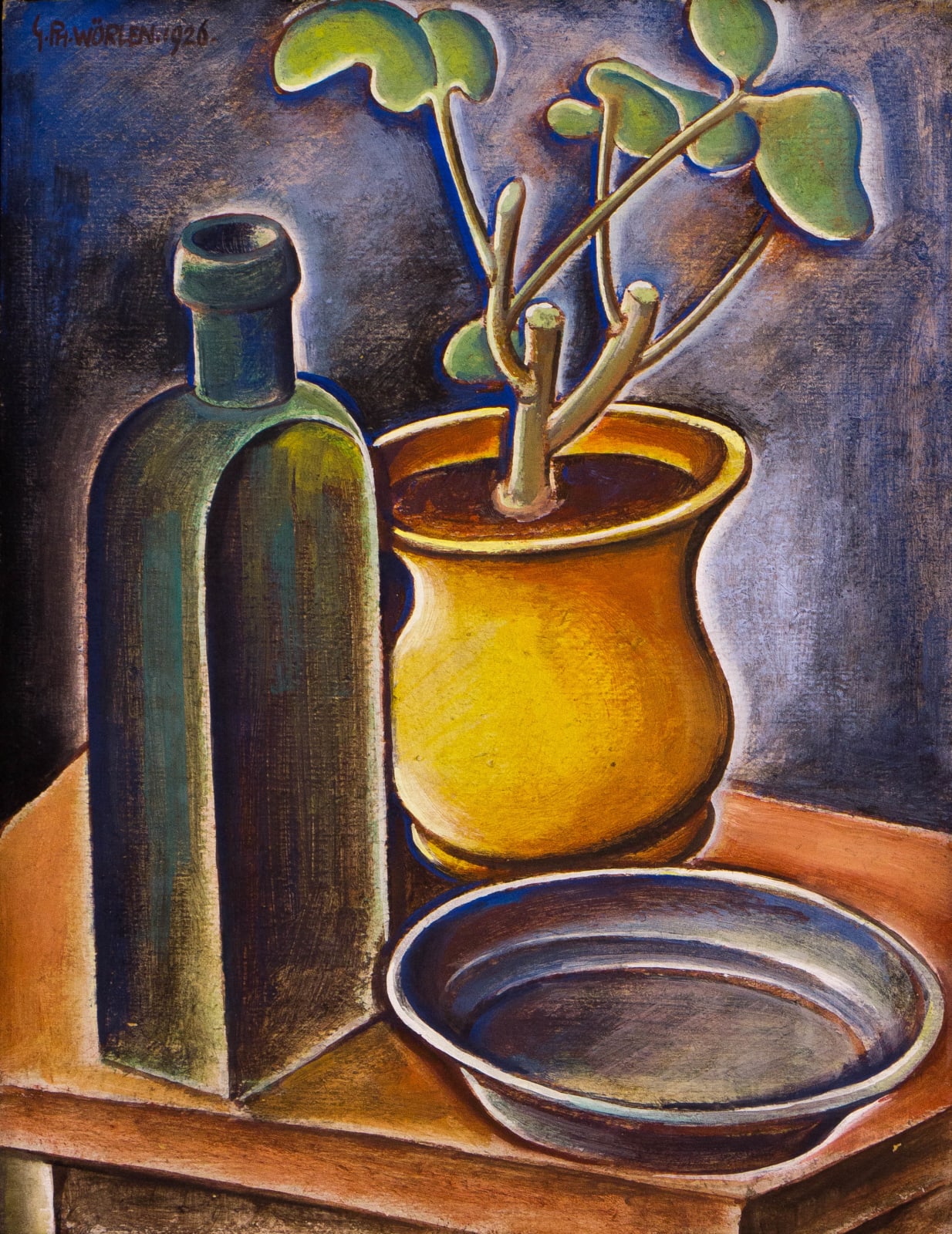 Georg Philipp Wörlen, Stillleben mit Flasche, Schale und Blumentopf, 1926