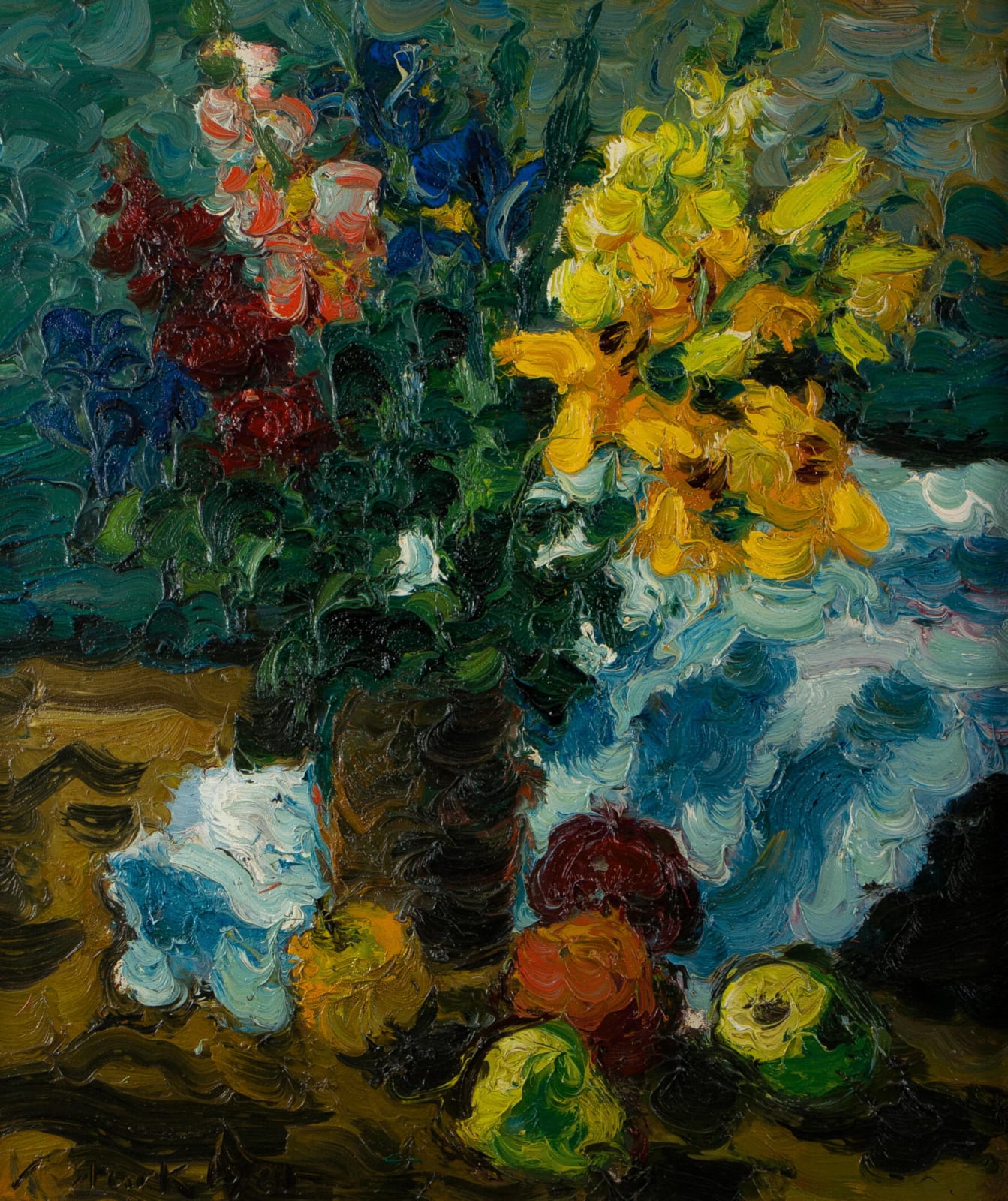 Karl Stark, Stillleben mit Blumen und Äpfeln