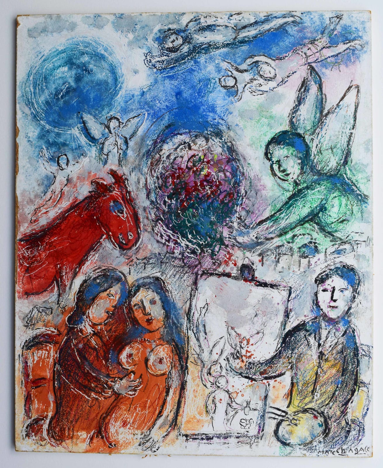 MARC CHAGALL, Angel and Lovers meeting at the Painter's House | Ange et amoureux au rendez-vous chez le peintre, 1980