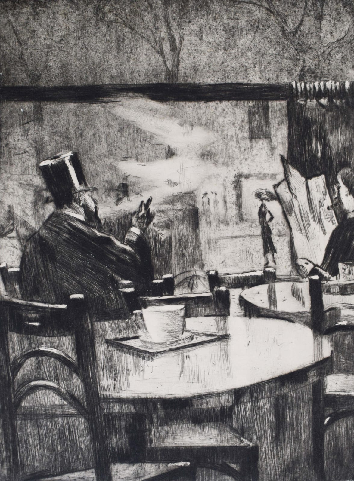 LESSER URY, In the Café. [Man in a Top hat in front of a Coffee House Window - View from Behind] , 1923
