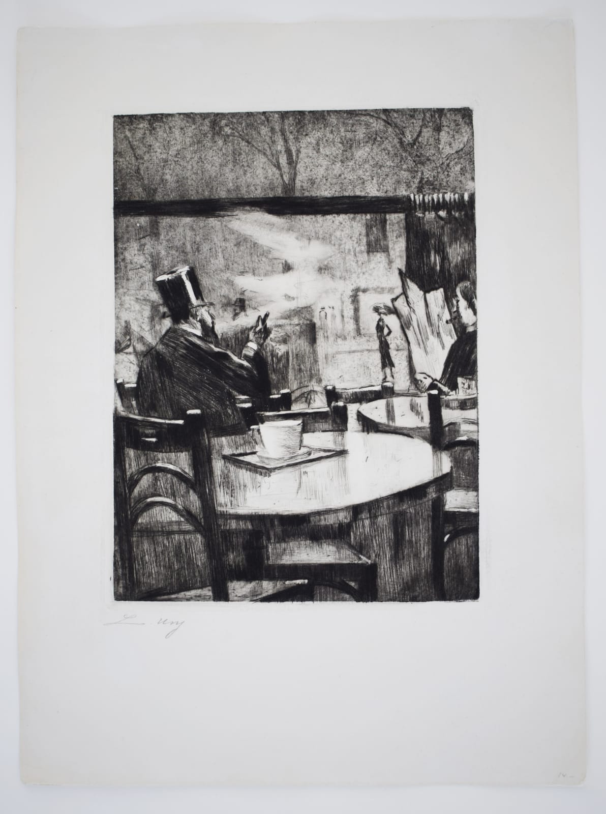 LESSER URY, In the Café. [Man in a Top hat in front of a Coffee House Window - View from Behind] , 1923