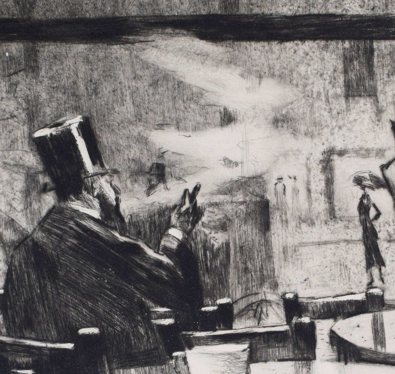 LESSER URY, In the Café. [Man in a Top hat in front of a Coffee House Window - View from Behind] , 1923