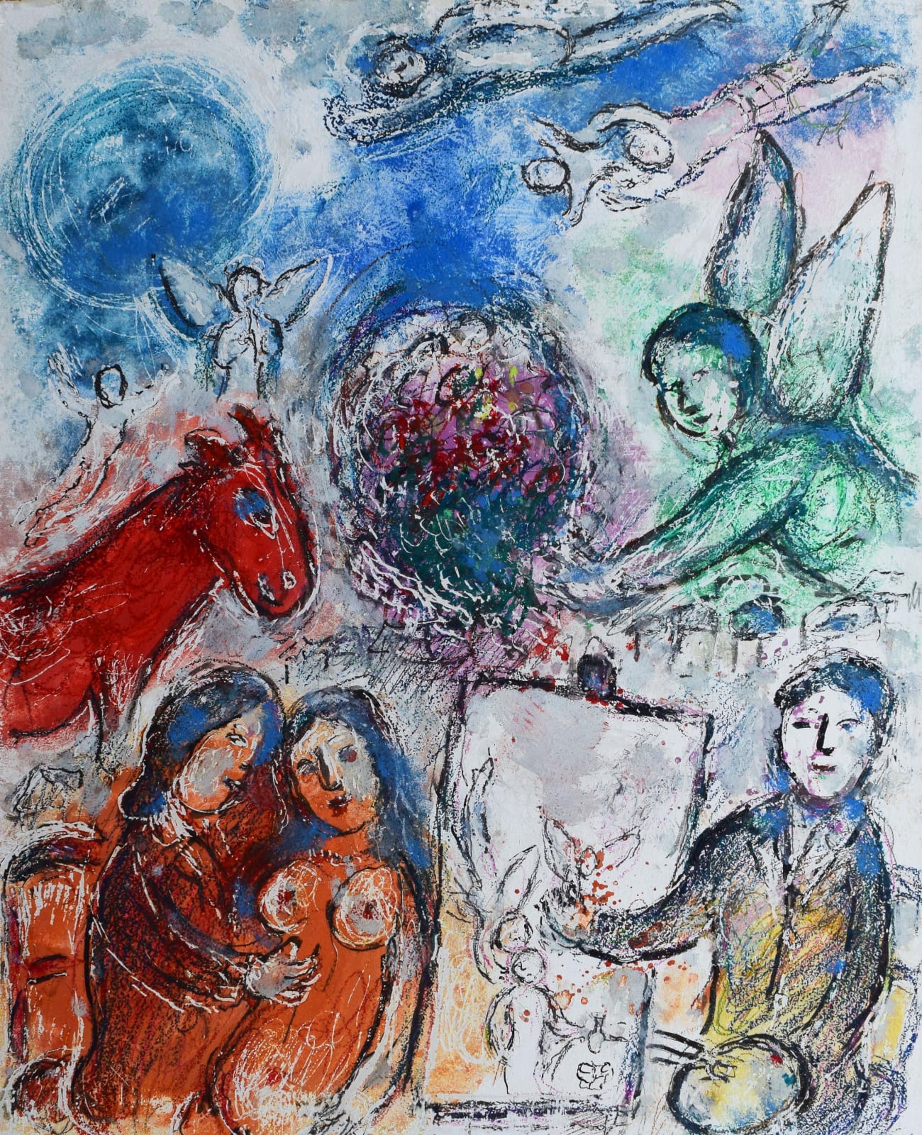 MARC CHAGALL, Angel and Lovers meeting at the Painter's House | Ange et amoureux au rendez-vous chez le peintre, 1980
