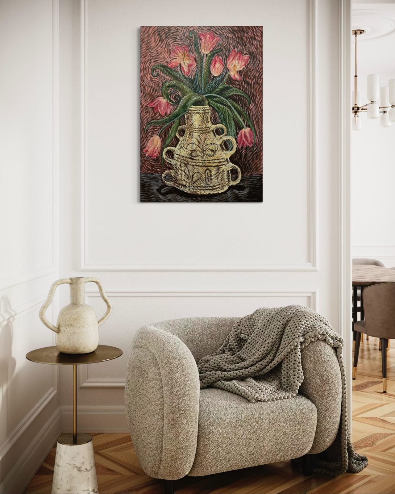 Jess Cochrane, Tulips in an Untraditional Hungarian Vessel, 2025