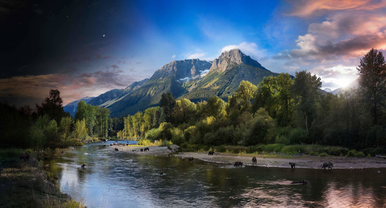 Stephen Wilkes Day to Night bears in river by mountains available at Gilman Contemporary