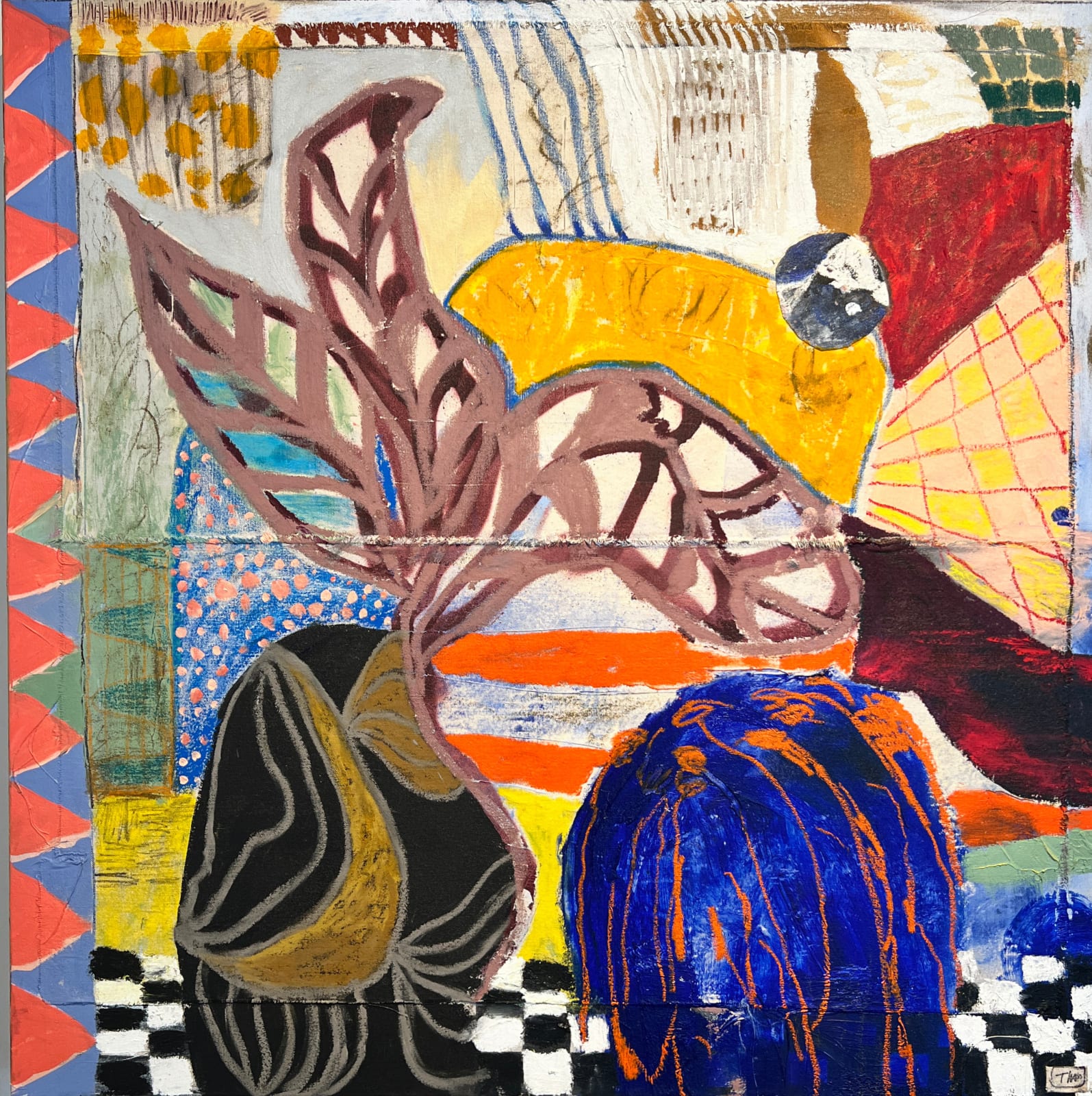 Brazilian artist Thai Mainhard painting with vases and leaves and checkered background available Gilman Contemporary