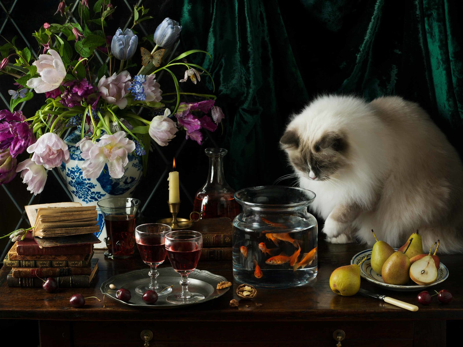 Paulette Tavormina Still Life with Cat, Goldfish and Flowers available at Gilman Contemporary Sun Valley