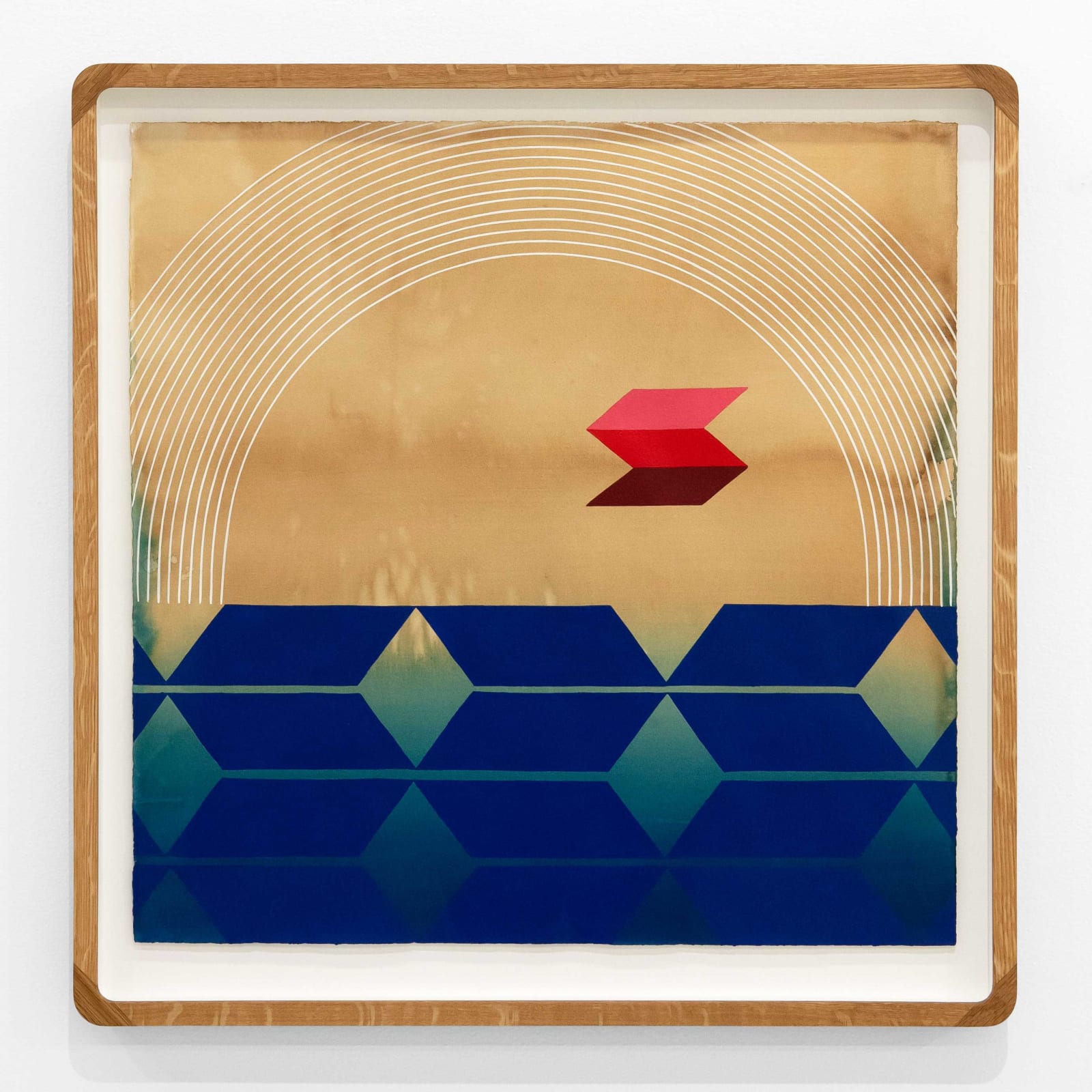 Kelly Ording linear arch and diamond patterns deep blues with red view at Gilman Contemporary