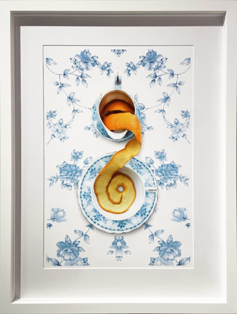 framed orange peel on blue china