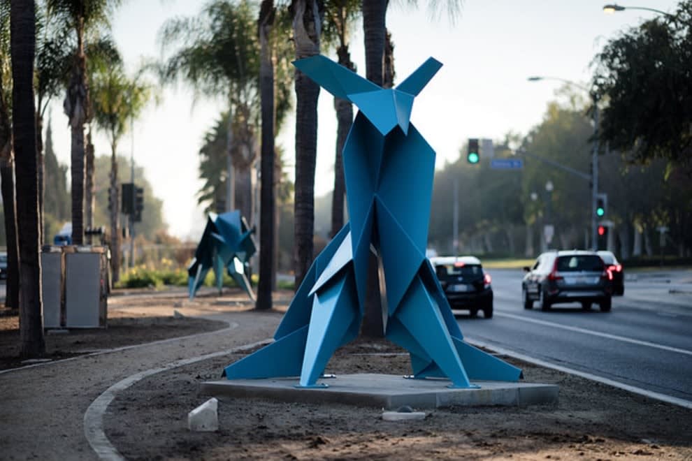 Gerardo Hacer monumental sitting rabbit with folded steel in California