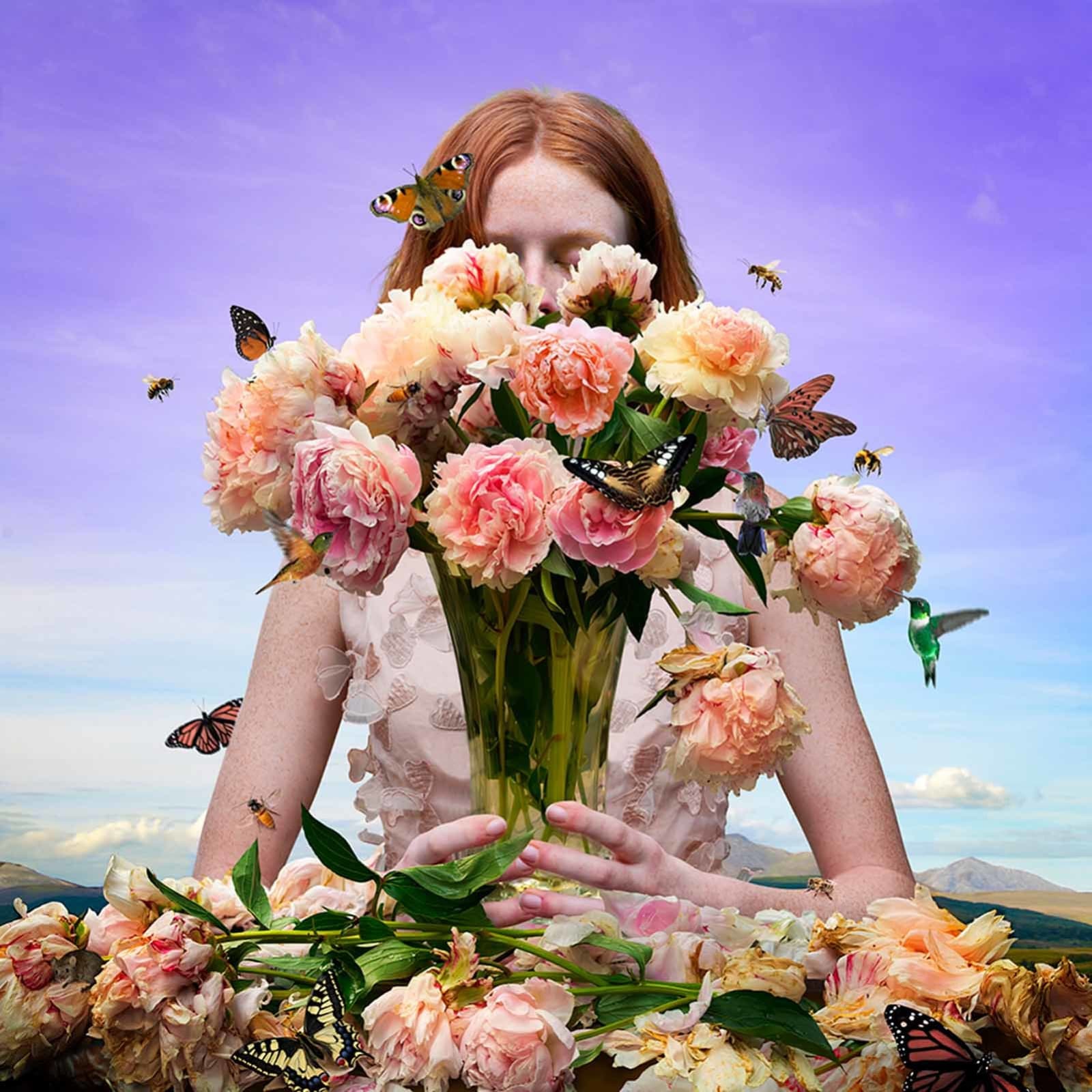 Fragrant Attraction Tom Chambers redhead with peony bouquet purchase Gilman Contemporary Sun Valley art gallery Idaho
