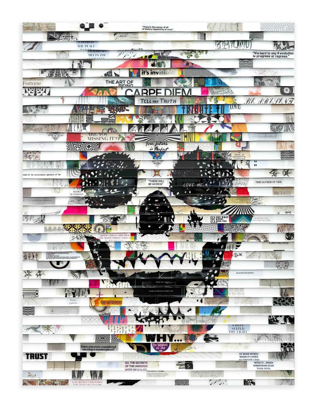 James Verbicky skull with words including carpe diem available at Gilman contemporary