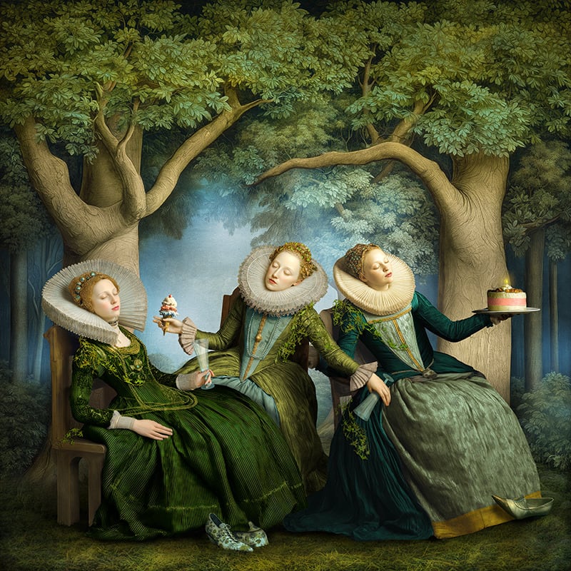Maggie Taylor photograph three slumbering women in forest with icecream and cake purchase at Gilman Contemporary