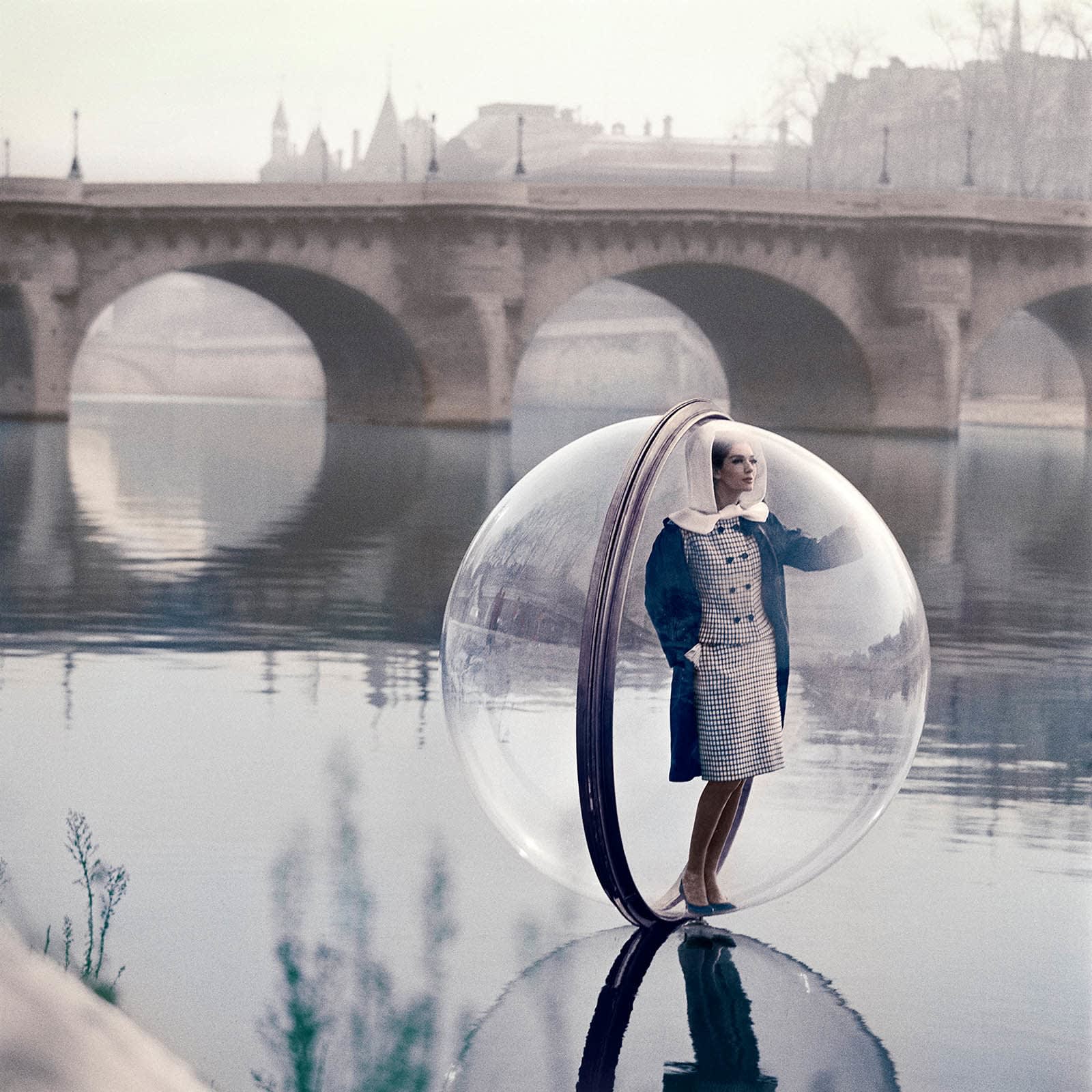 purchase Melvin Sokolsky photograph of a woman in a plastic bubble on the Seine Sun Valley art gallery Gilman Contemporary