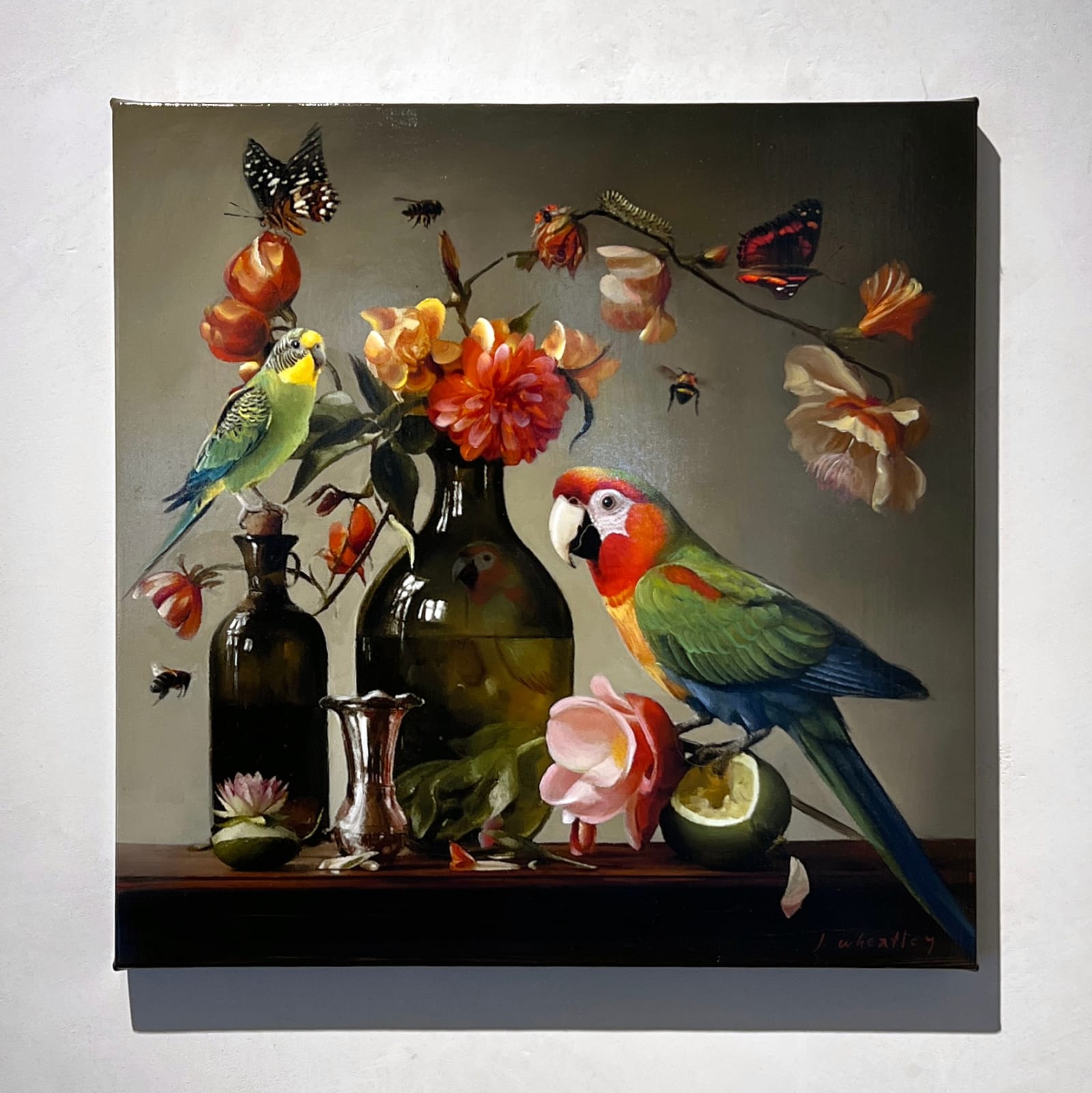 colorful floral still life oil painting by Jason Wheatley with toucan butterflies bees limes available at Gilman Contemporary