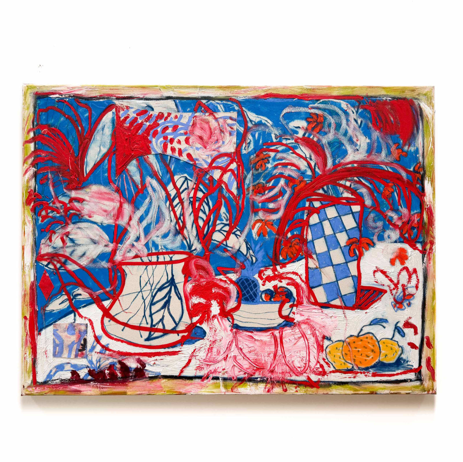 Thai Mainhard botanical abstract painting vivid blues and red view at Gilman Contemporary