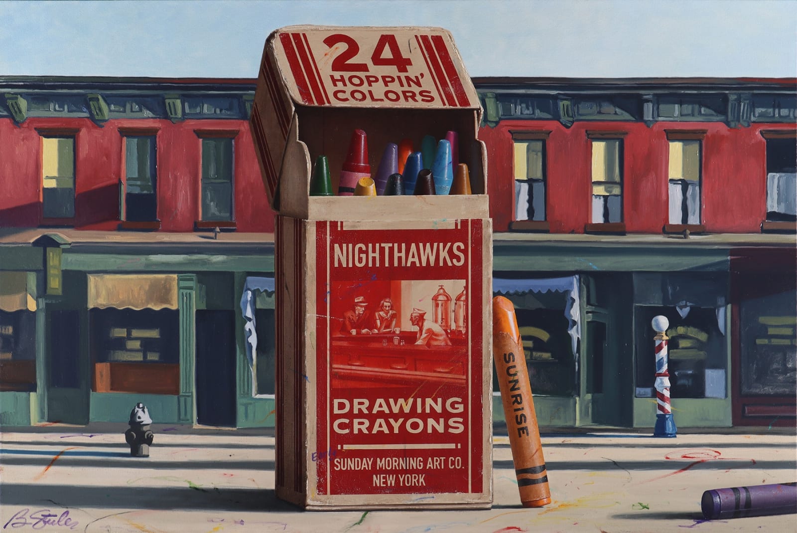 oil painting by ben steele crayons and sidewalk town scene in style of Hopper available at Gilman Contemporary
