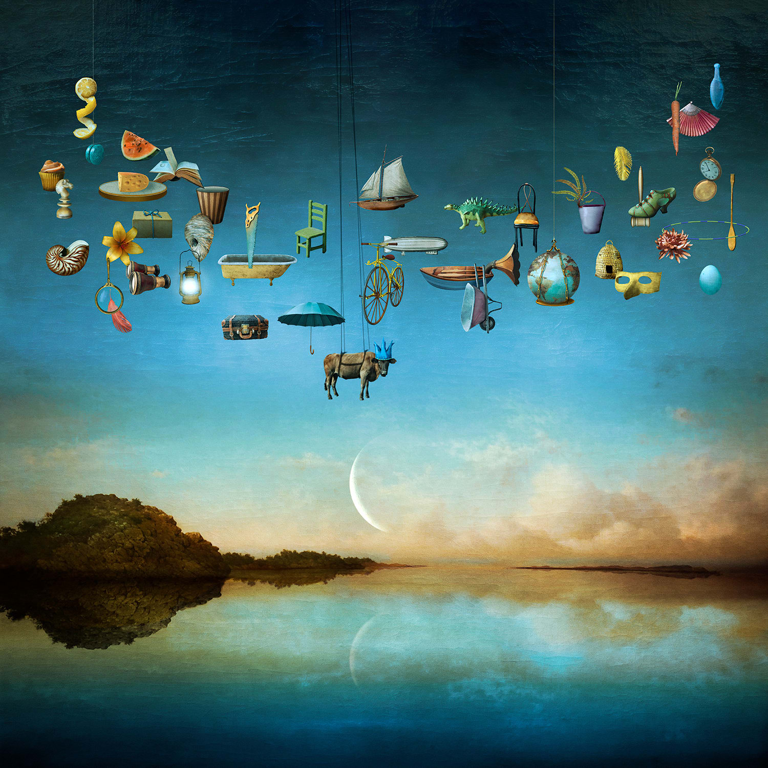 Maggie Taylor surrealist photography lake with crescent moon and objects on strings purchase at Gilman contemporary