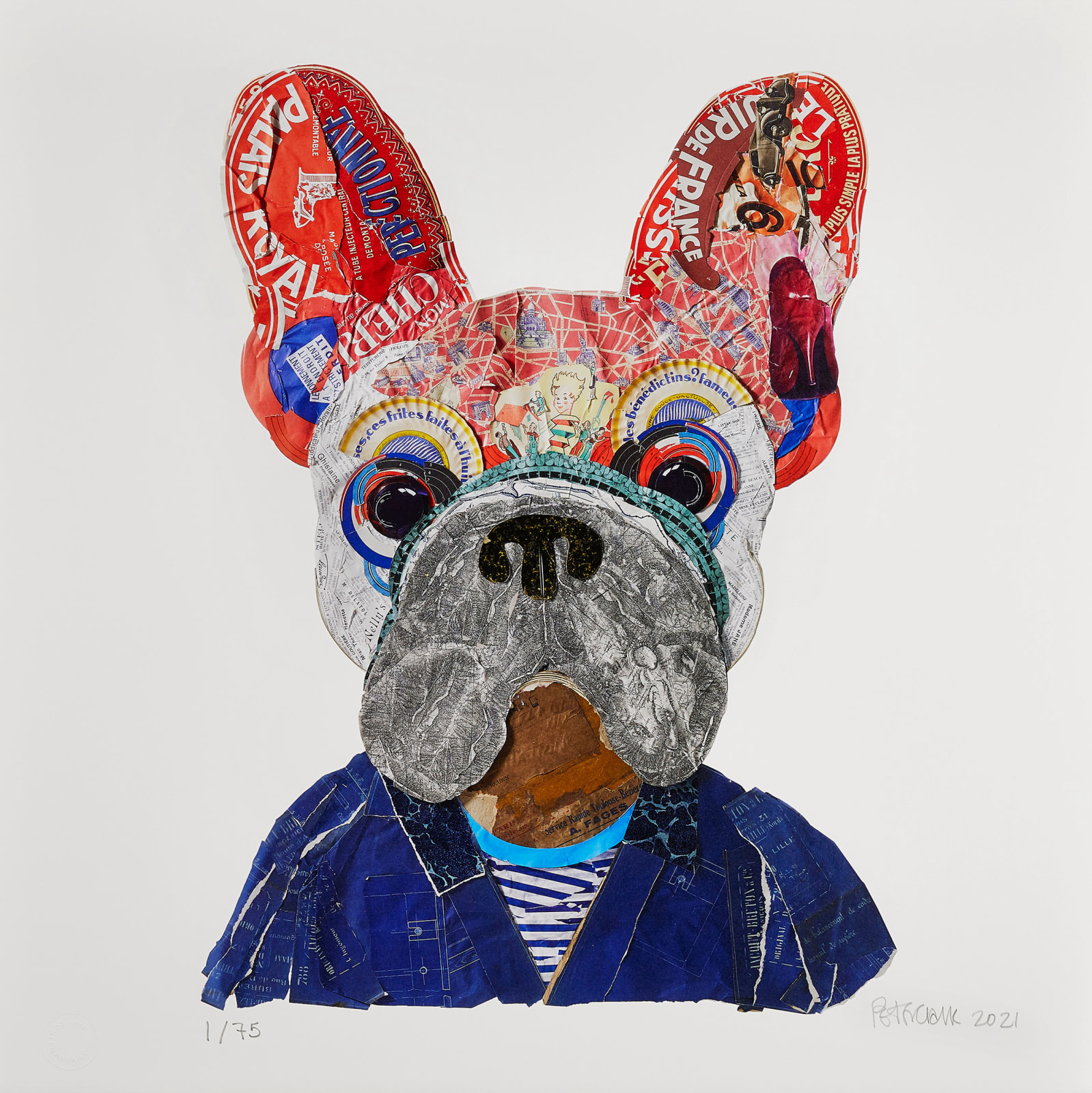 peter clark screenprint of collage french bulldog big ears