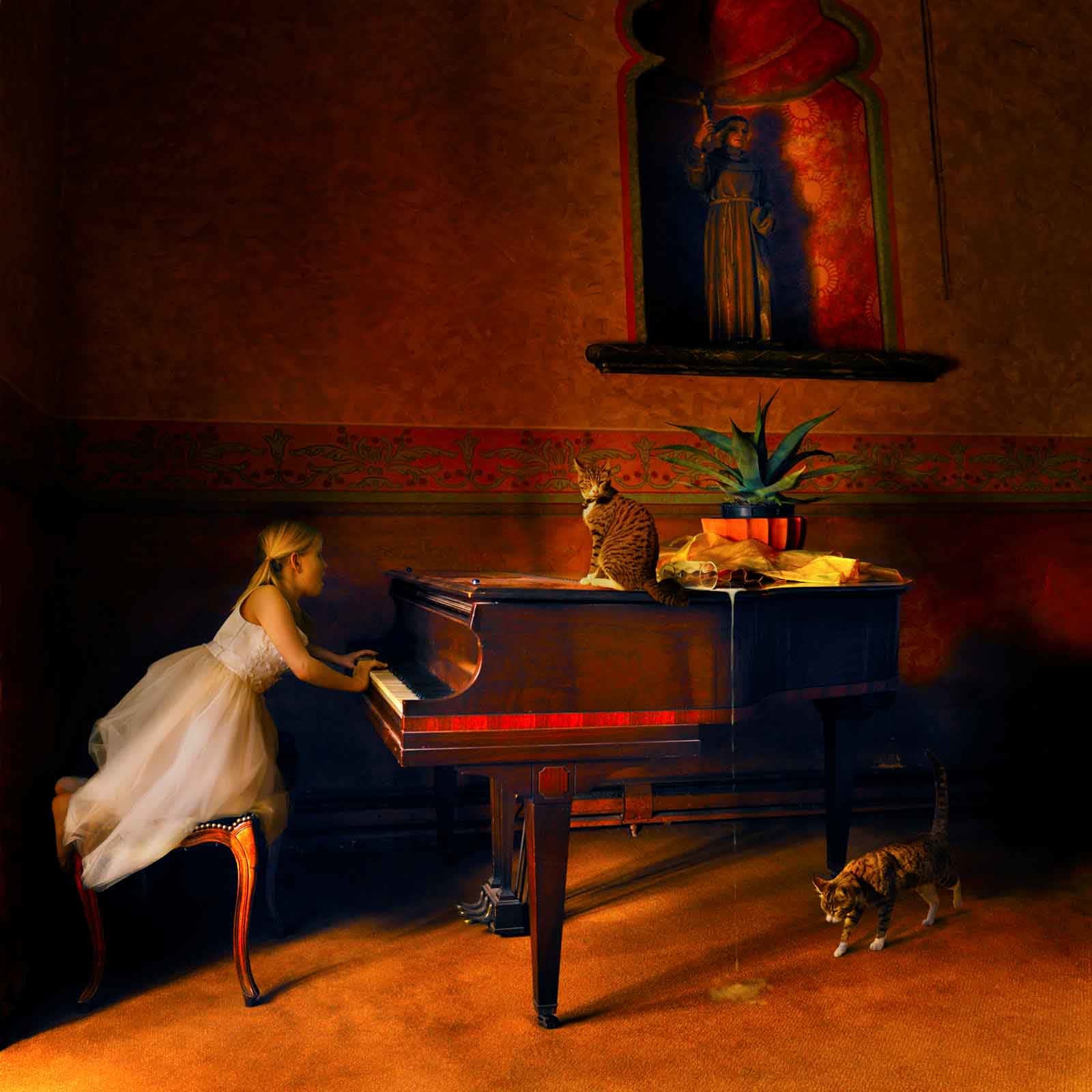 Tom Chambers photomontage girl playing piano with cats buy here Gilman gallery Sun Valley contemporary art Idaho