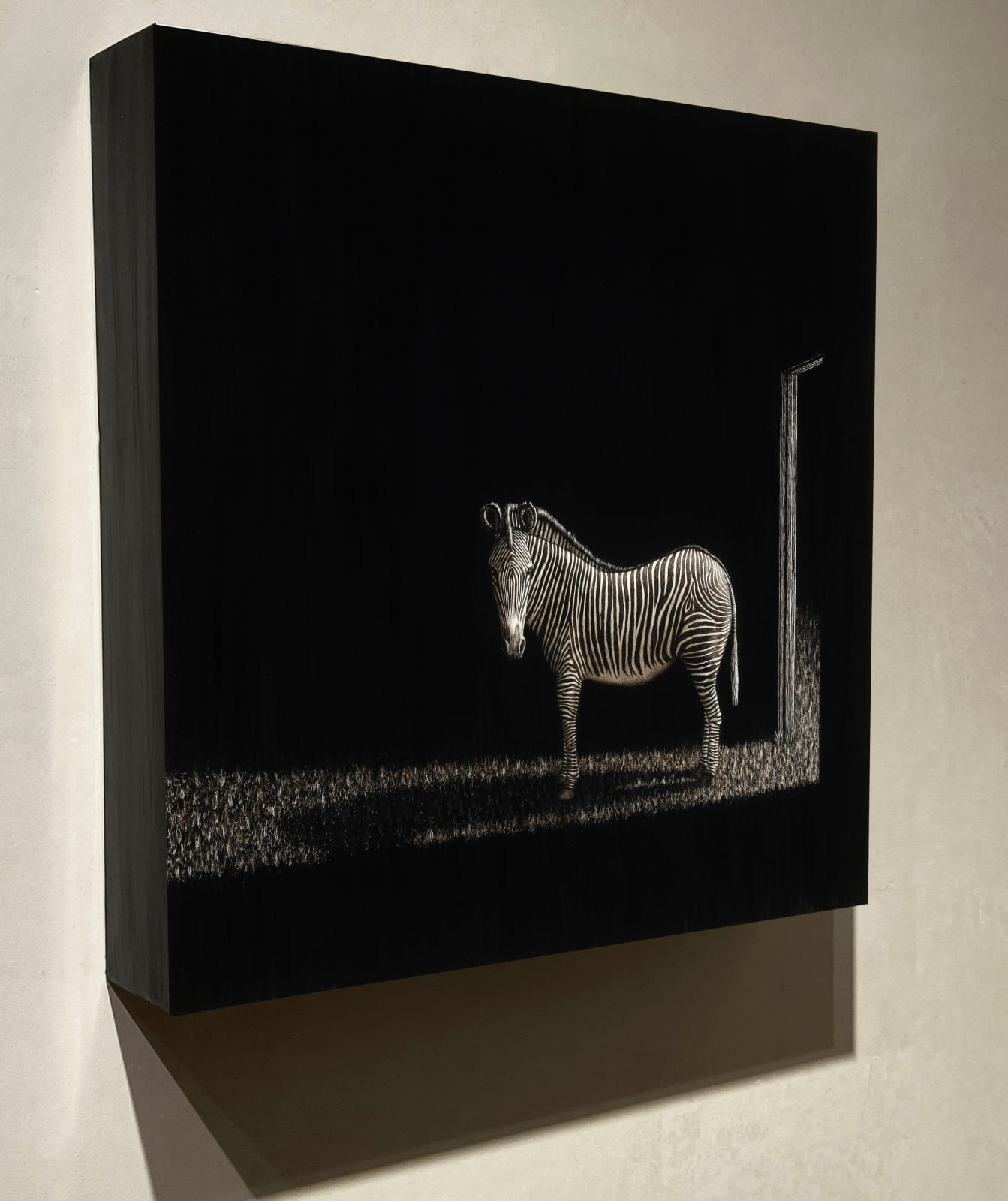 Matt Duffin encaustic art buy work Zebra standing in the light of a doorway