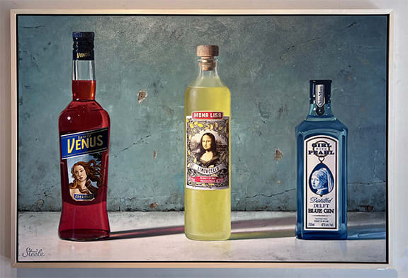 installation Oil painting Ben Steele liquor bottles with art icon faces view at Gilman Contemporary