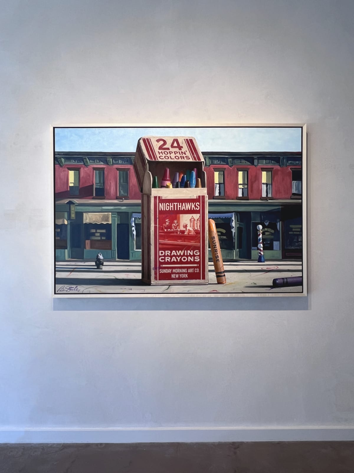 installation oil painting by ben steele crayons and sidewalk town scene in style of Hopper available at Gilman Contemporary