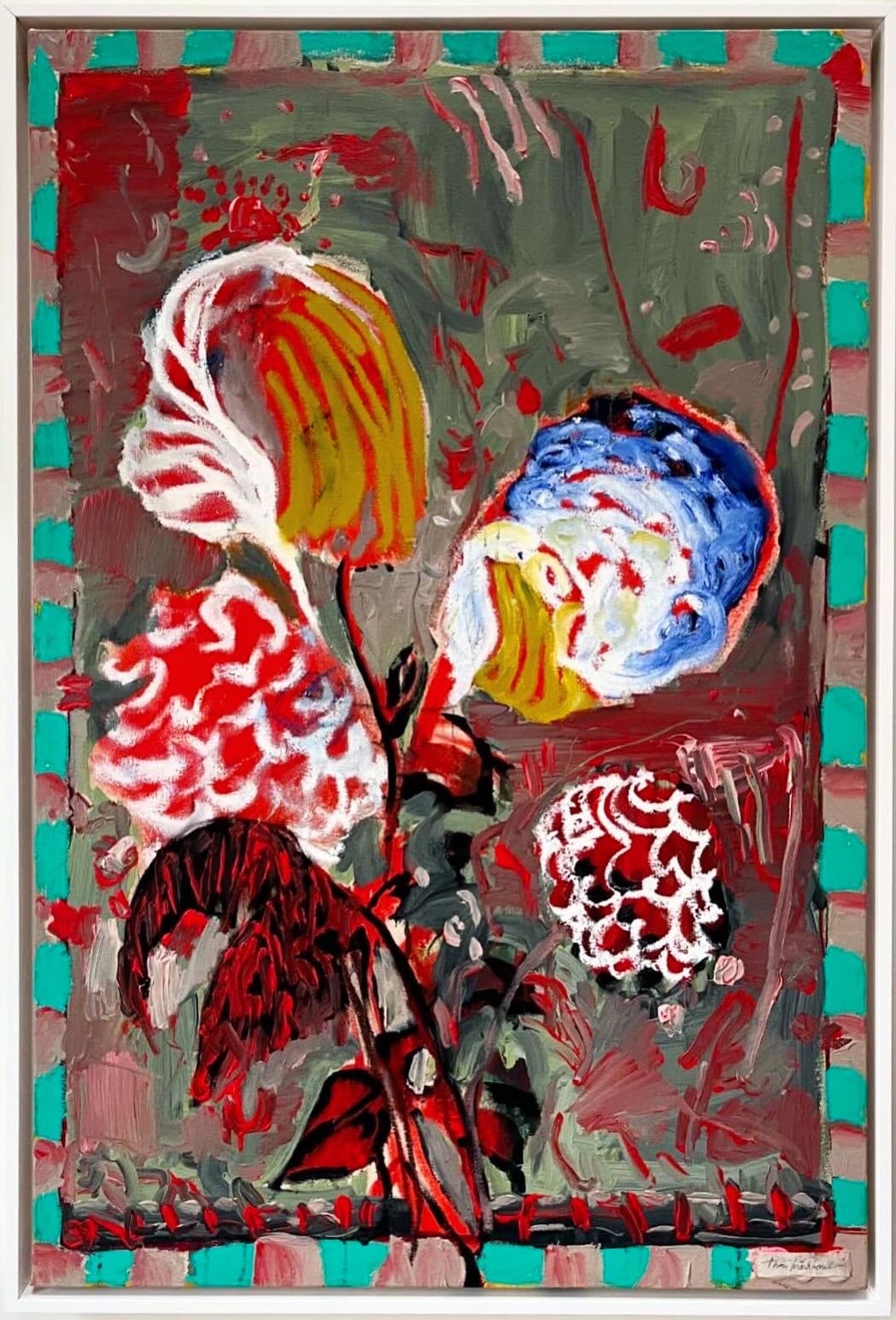 Thai Mainhar mixed media painting of abstract hydrangea bouquet inquire at Gilman Contemporary