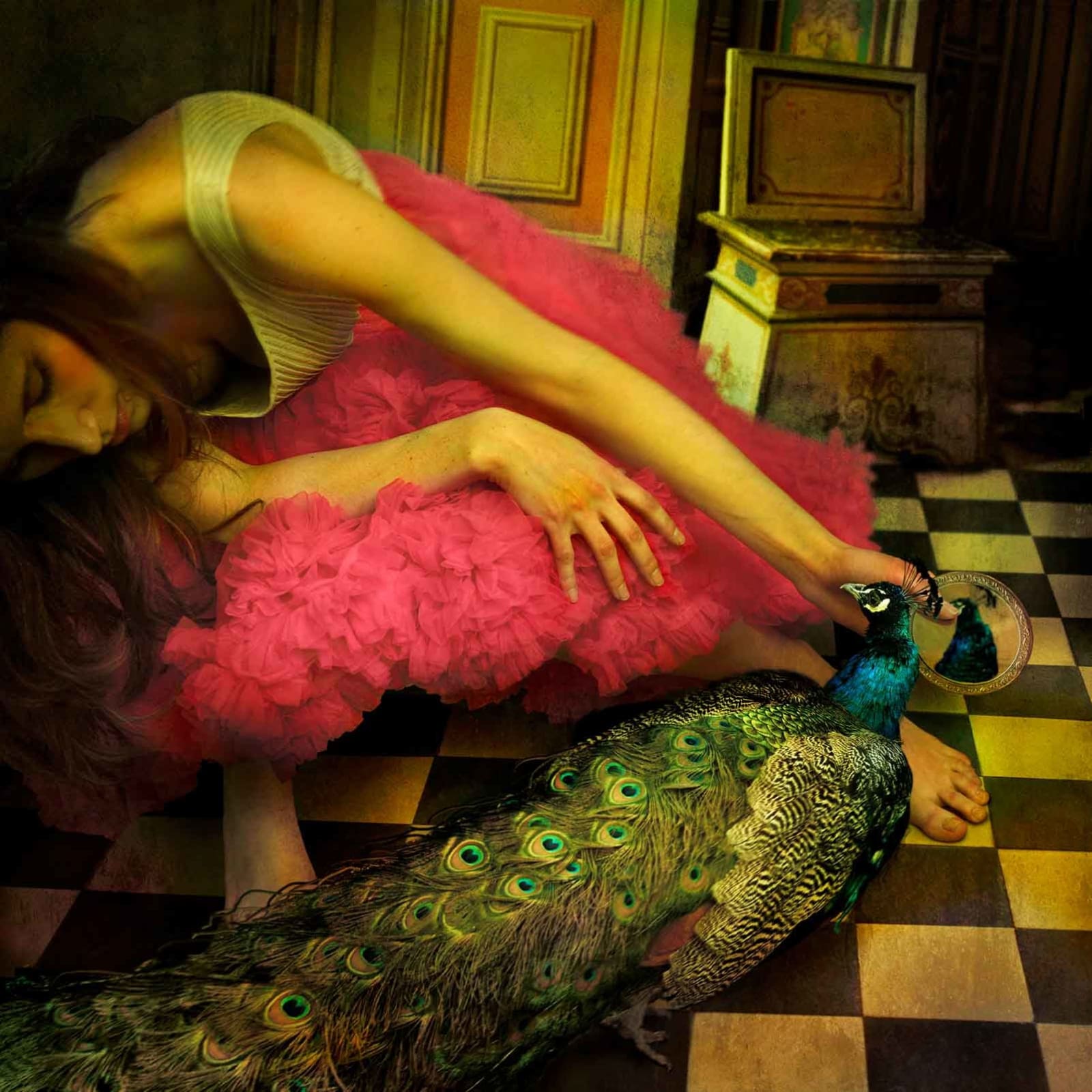 Tom Chambers photomontage young girl in tutu with peacock buy here Gilman Contemporary Sun Valley art gallery