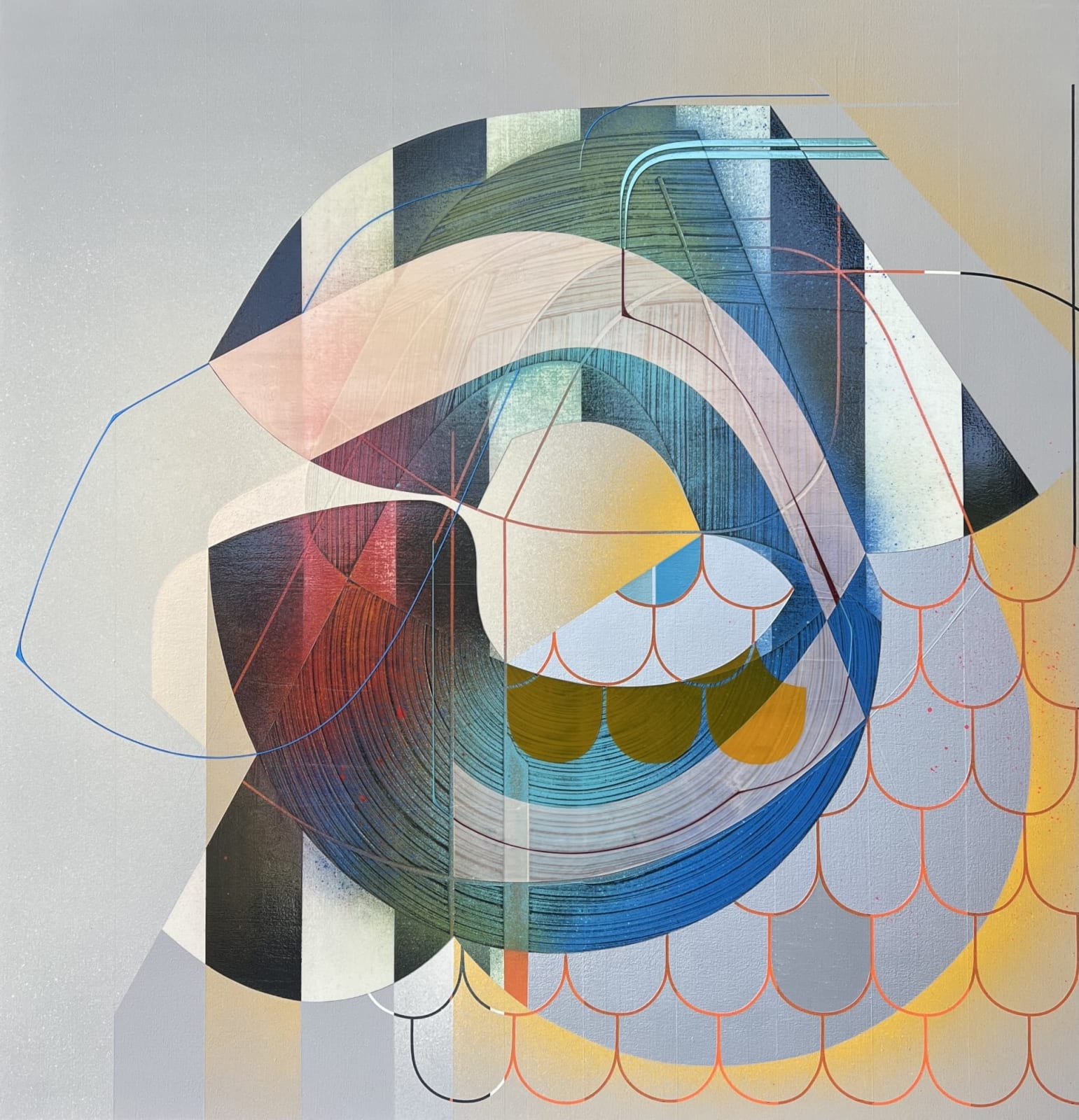painting by Alex Couwenberg geometric shapes of blules, yellows, and earth tones