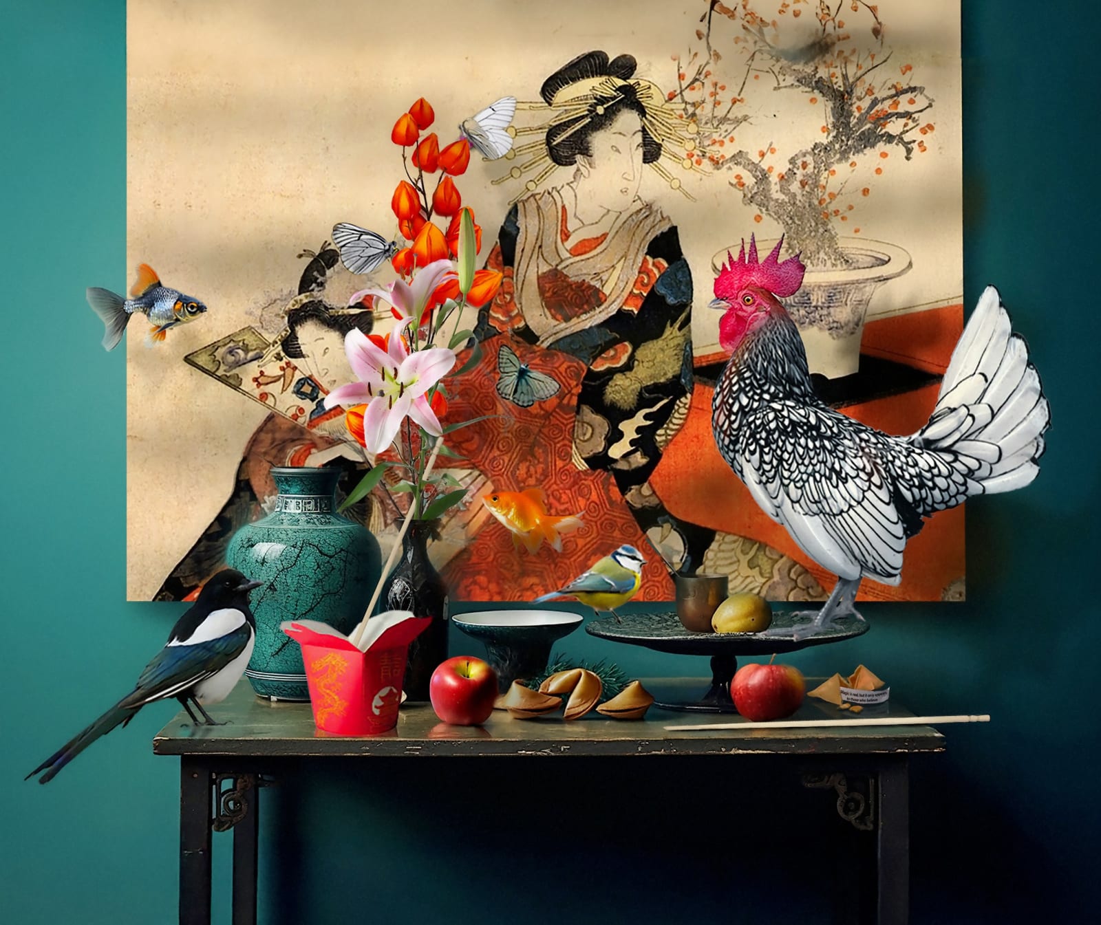 Asian still life oil painting by Jason Wheatley female figure, fortune cookies, Rooster available at Gilman Contemporary