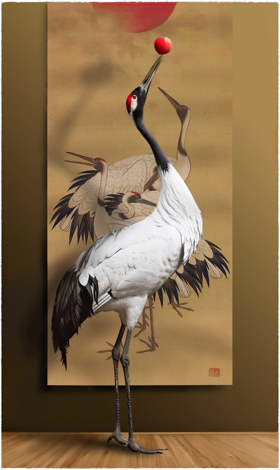 jason wheatley elegant white crane balancing small red ball tip of beak purchase at gilman contemporary