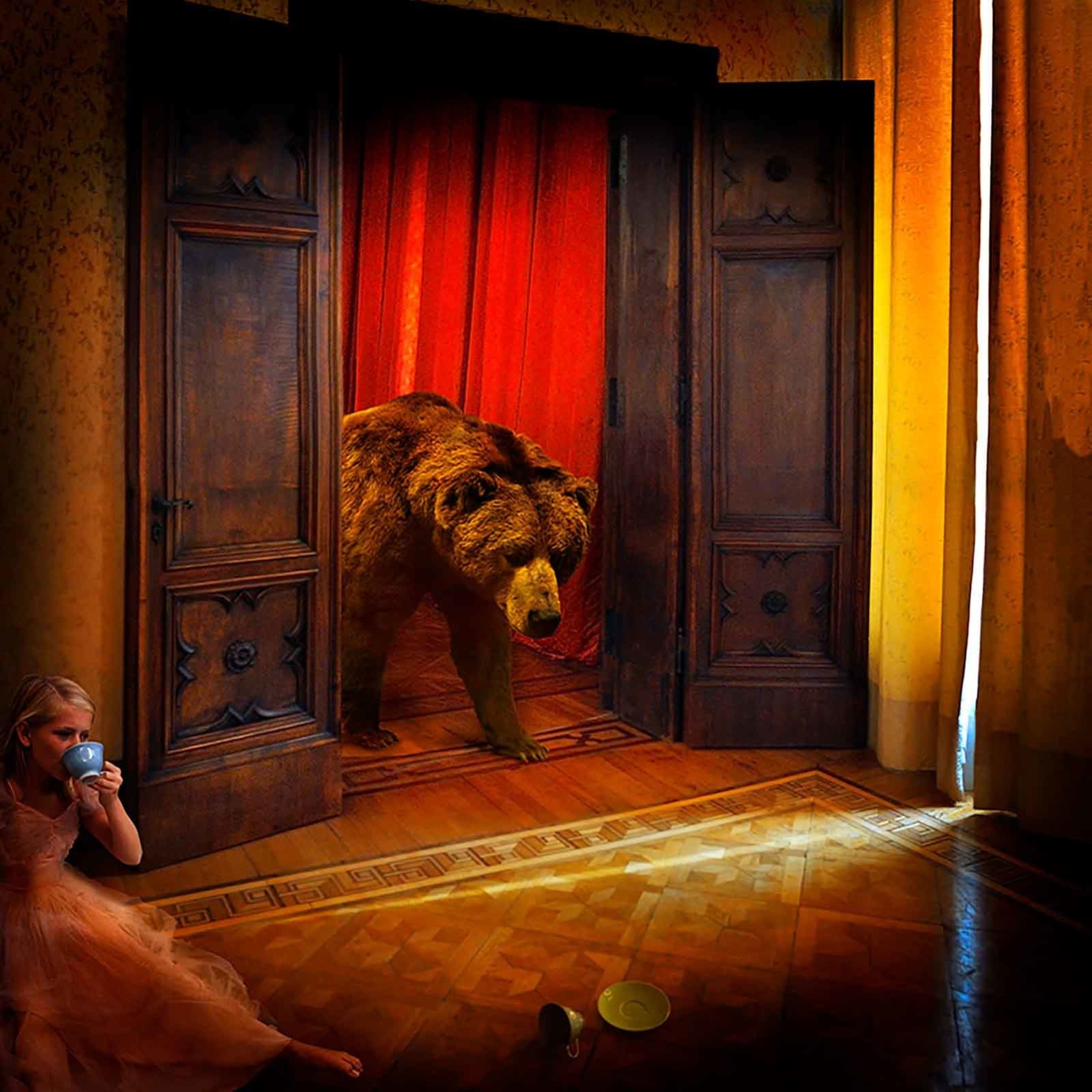 Tom Chambers grizzly bear entering ballroom photomontage buy original print here Gilman Contemporary Sun Valley art gallery Idaho