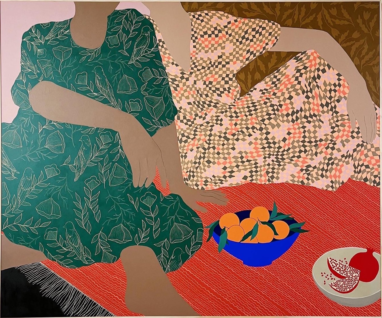 two women relax on a red blanket, painting by Carmen McNall