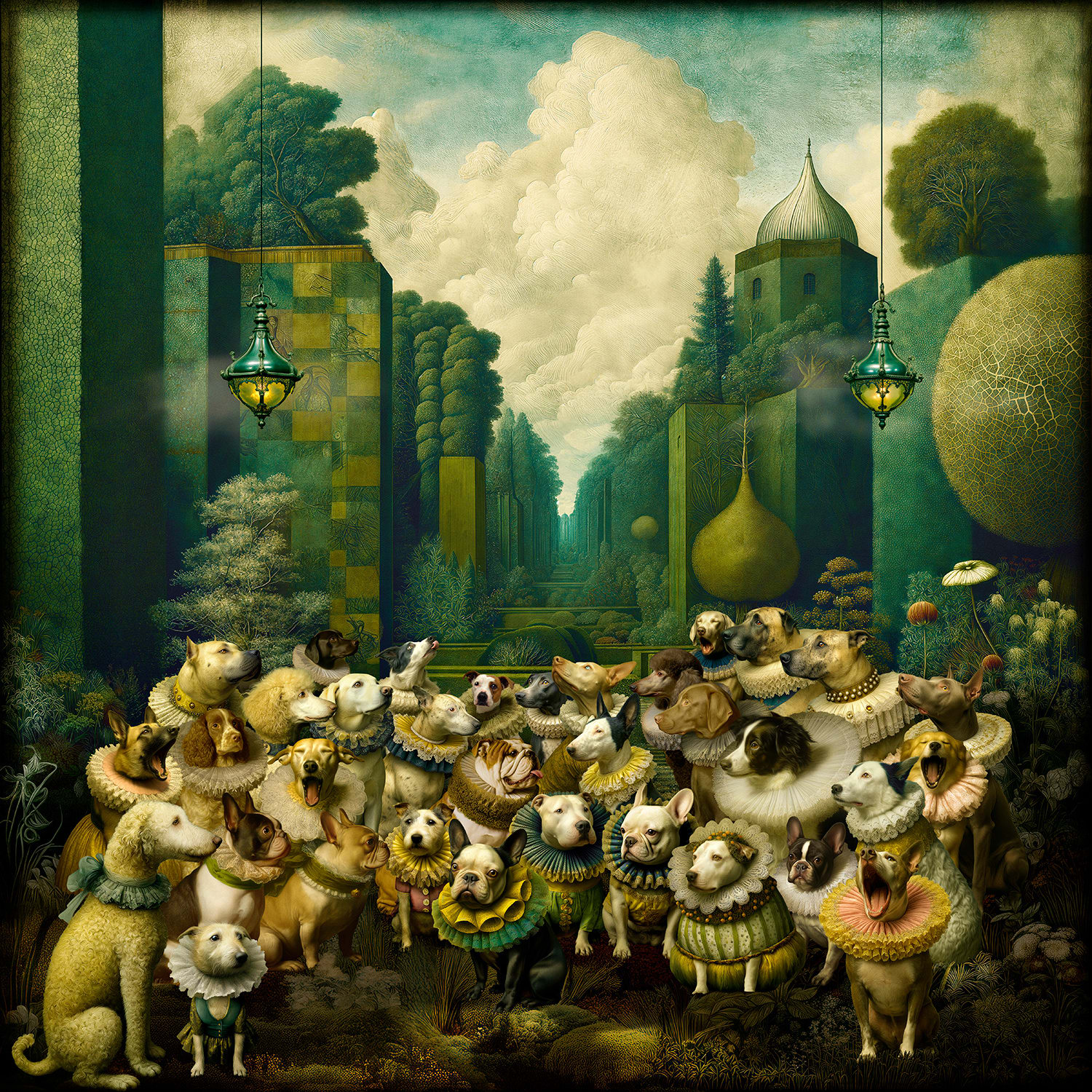 Maggie Taylor surrealist photography dogs dressed up near hedges at Gilman contemporary