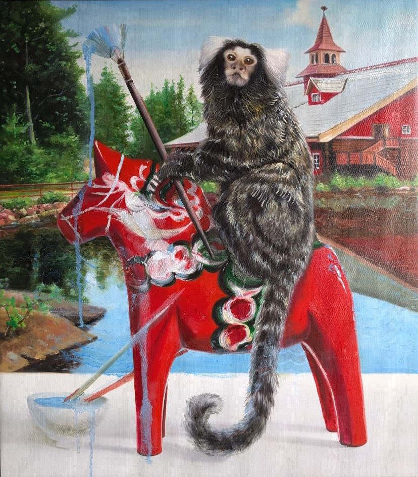 Jason Wheatley oil painting still life monkey on red painted donkey view at Gilman Contemporary