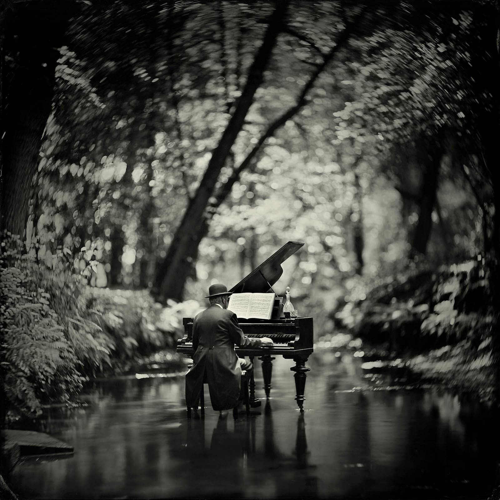 Alex Timmermans photograph man playing grand piano in a stream buy here Sun Valley art gallery Gilman Contemporary